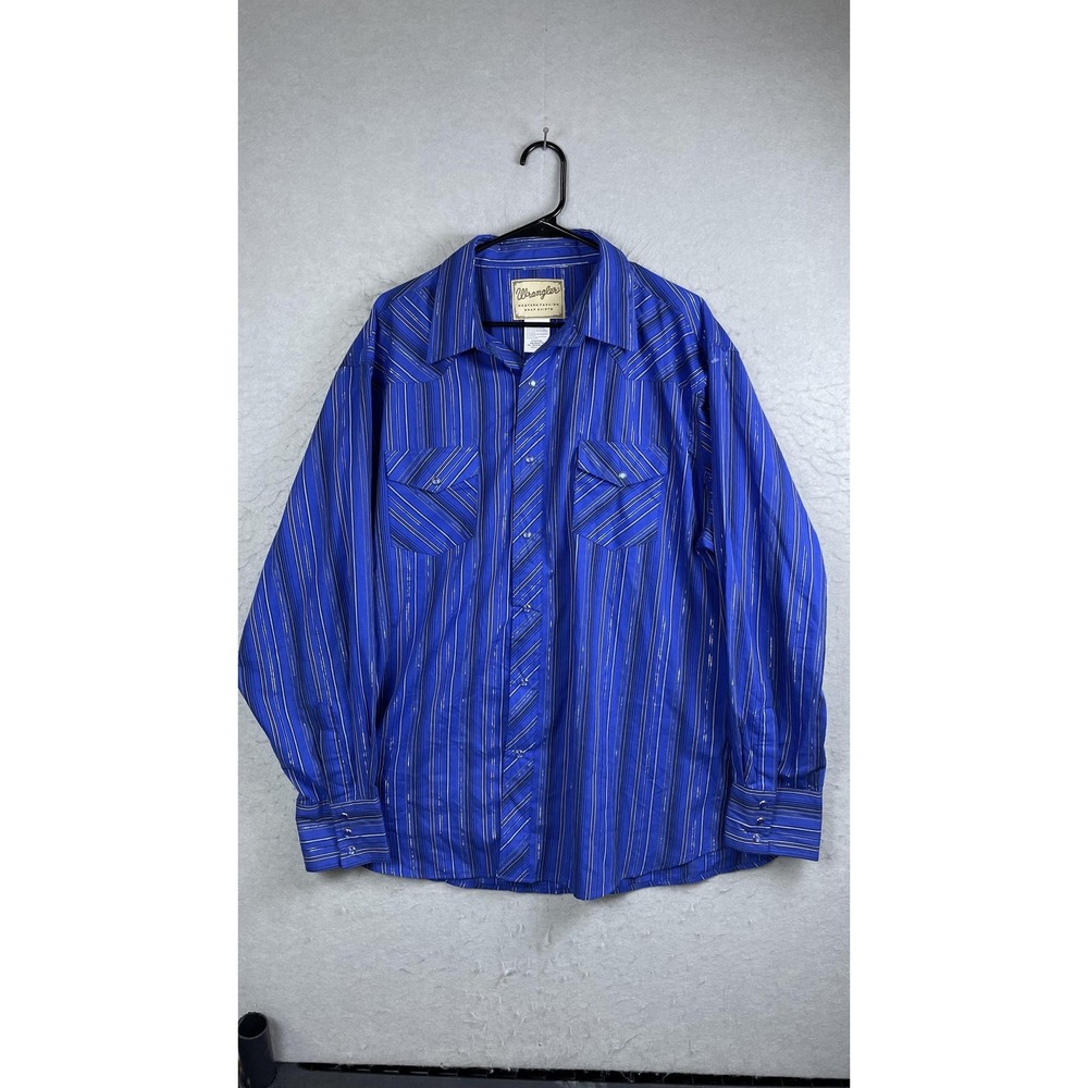 Wrangler Shirt Mens 2XL Blue‎ Western Pearl Snap Striped Metallic Cowboy